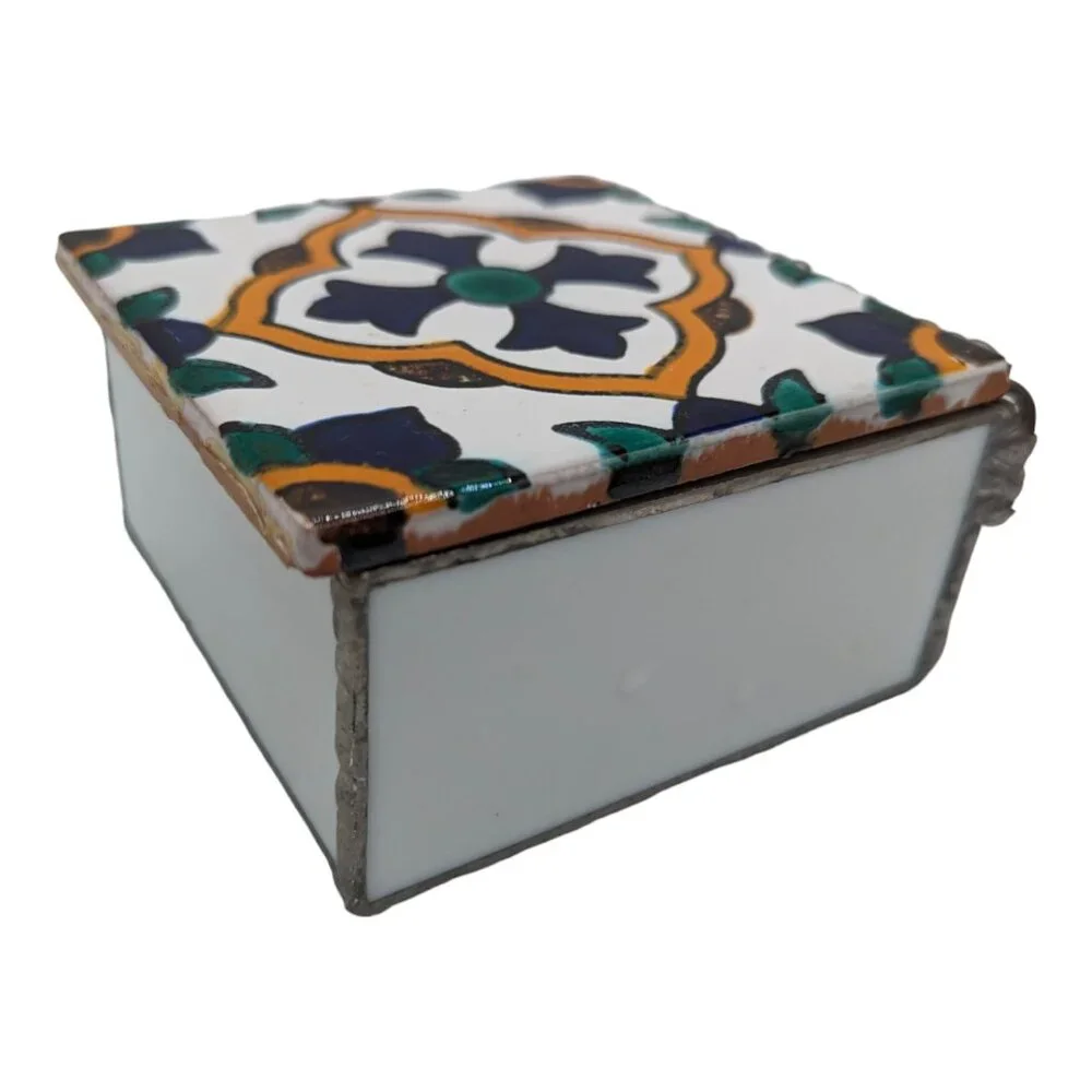 Mexican Tile Lid Trinket Box Stained glass sides Mirrored Inside Jewelry
